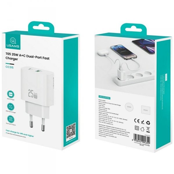 Ładowarka sieciowa USAMS CC315 T65 25W   1xUSB-C 1xUSB-A Fast Charging biały