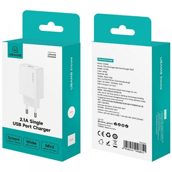 Ładowarka sieciowa USAMS T69 10.5W 2.1A  USB-A biały