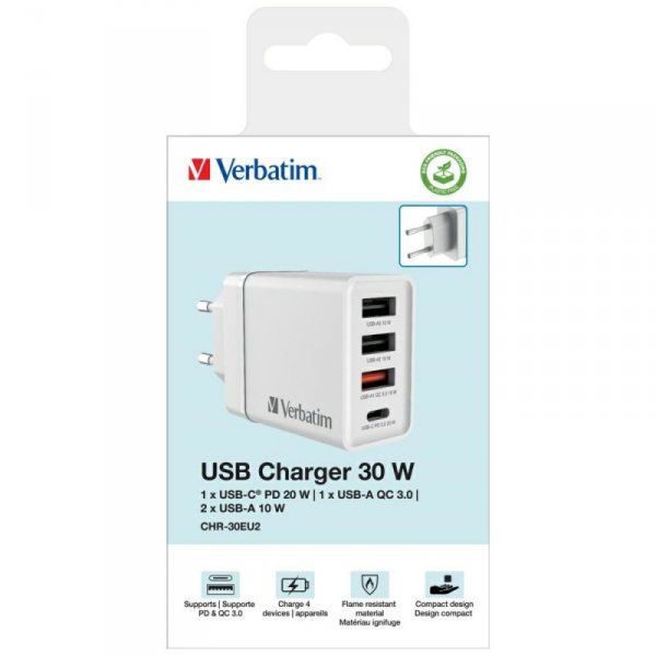 Verbatim Ładowarka sieciowa 30W 3xUSB-A/USB-C PD 3.0 CHR-30EU2 biały/white 49701