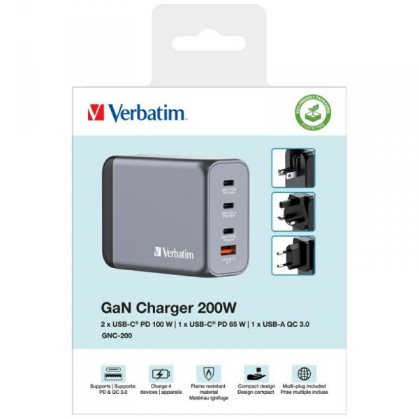Verbatim Ładowarka sieciowa GaN 200W3xUSB-C/USB-A + Adapter EU/UK/US GNC-200 32204