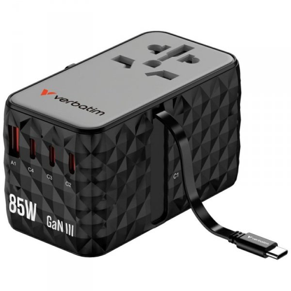 Verbatim Adapter podróżny EU/UK/US GaN   USB-A/3xUSB-C PD 85W CNT-02 czarny/black 32127