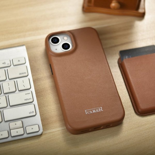 DUPLIKAT: iCarer CE Premium Leather Folio Case skórzane etui iPhone 14 z klapką magnetyczne MagSafe brązowy (WMI14220713-BN)