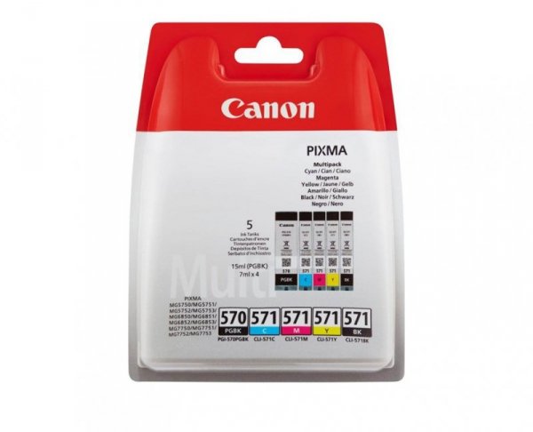 Canon Tusz PGI-570/CLI-571 PGBK/C/M/Y/BK MultiPack,  4 x 7 ml. + PGBK x 15 ml. EO