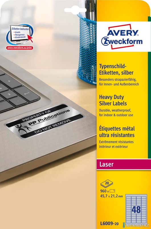 Etykiety znamionowe L6009-20 45,7 x 21,2 20ark srebrne, poliestrowe, Avery Zweckform