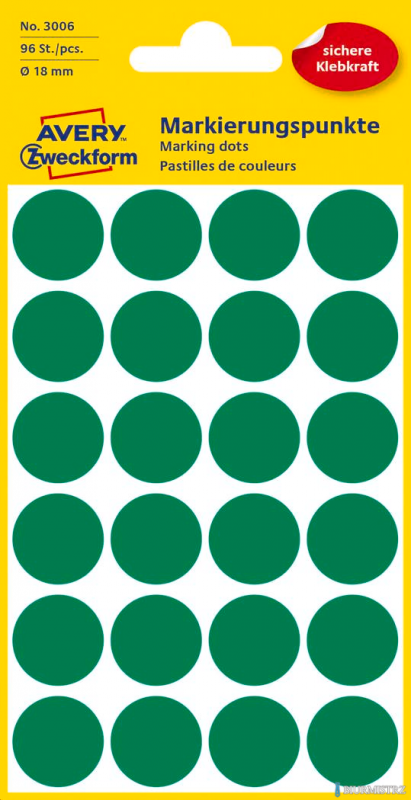 Kółka do zaznaczania kolorowe, 96 etyk./op., Q18 mm, zielone Avery Zweckform, 3006