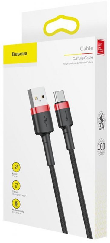 KABEL USB-A -&gt; USB-C Baseus Cafule CATKLF-B91 100cm 3A QC 3.0 CZARNO-CZERWONY W OPLOCIE