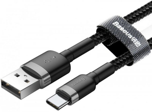KABEL USB-A -&gt; USB-C Baseus Cafule CATKLF-CG1 200cm 2A QC 3.0 CZARNO-SZARY W NYLONOWYM OPLOCIE