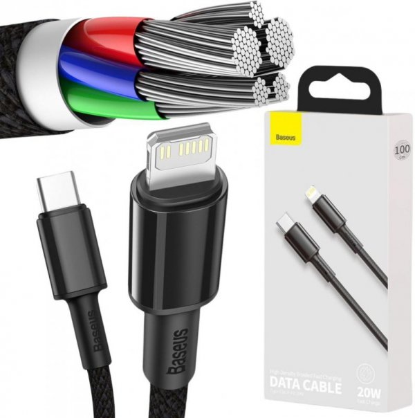 KABEL USB-C -&gt; Lightning / iPhone Baseus Cafule CATLGD-01 1m 20W PD Quick Charging CZARNY W OPLOCIE