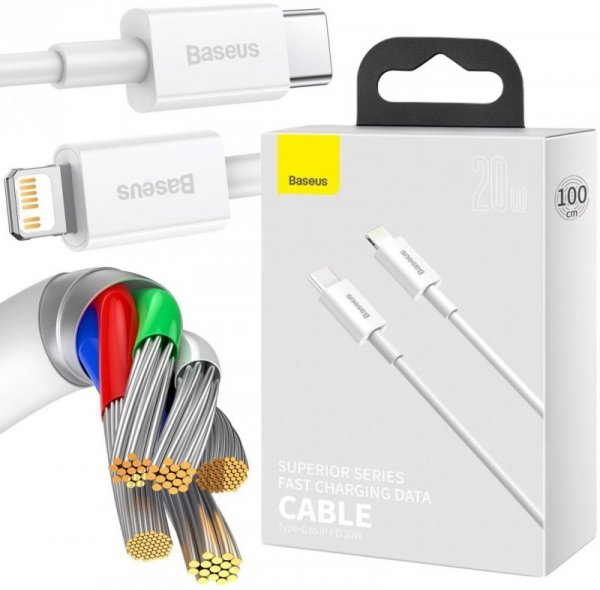KABEL USB-C -&gt; Lightning / iPhone Baseus Superior CATLYS-A02 1m 20W PD Quick Charging BIAŁY PREMIUM