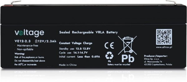 Akumulator AGM Voltage 12V 2,3Ah VE12-2.3 (Żywotność 6-9 lat)