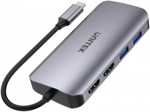 Unitek D1122A01 Aktywny hub USB-C 5Gbps, 2x HDMI 4K, czytnik kart, RJ-45, PD 100W