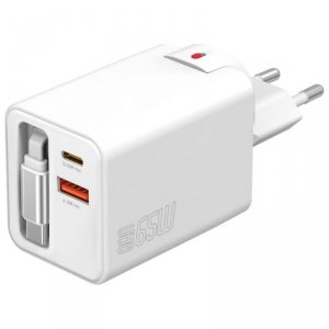 4smarts Ładowarka sieciowa Flex Jojo 65W GaN 2xUSB-C + USB-A Biała       rozwijany wbudowany kabel