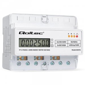 Qoltec Trójfazowy elektroniczny licznik | miernik zużycia energii na szynę DIN | 400V | 100A | LCD | LED | 7P