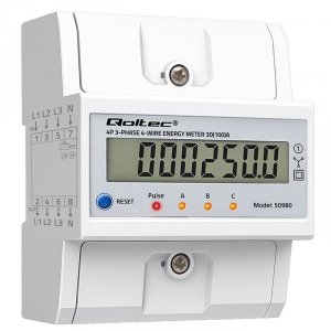 Qoltec Trójfazowy elektroniczny licznik z resetem | miernik zużycia energii na szynę DIN | 400V | 100A | LCD | LED | 4P
