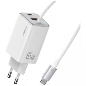 USAMS Ładowarka sieciowa JC Series CC266 65W GaN Fast Charger wbudowanykabel USB-C biała
