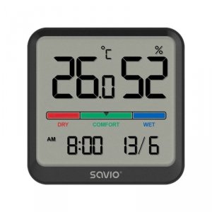 Savio Czujnik temperatury i wilgotności, do użytku wewnętrznego, ekran LCD, zegar, data, uchwyt z magnesem, CT-01/B Czarny