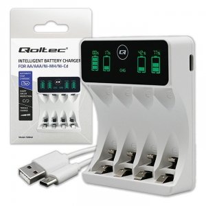 Qoltec Ładowarka do akumulatorków Ni-MH typu R03 AAA R6 AA | LCD | kabelUSB-C | Biała