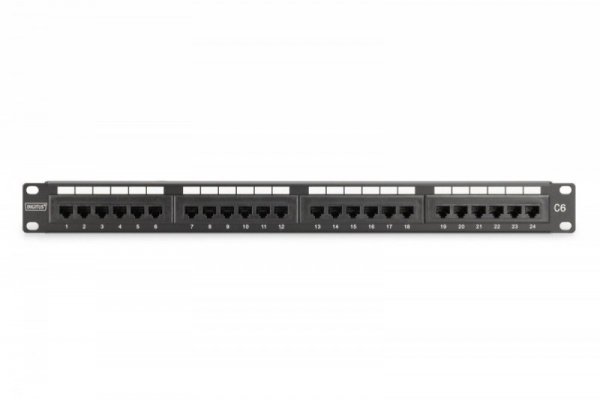 Digitus Panel krosowy (patch panel) 19'' 24x RJ45, LSA pion, kat.6, nieekranowany, 1U, prowadnica kabli, pola opisowe, Czarny