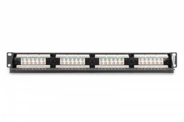 Digitus Panel krosowy (patch panel) 19'' 24x RJ45, LSA pion, kat.6, nieekranowany, 1U, prowadnica kabli, pola opisowe, Czarny