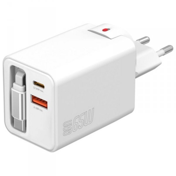 4smarts Ładowarka sieciowa Flex Jojo 65W GaN 2xUSB-C + USB-A Biała       rozwijany wbudowany kabel