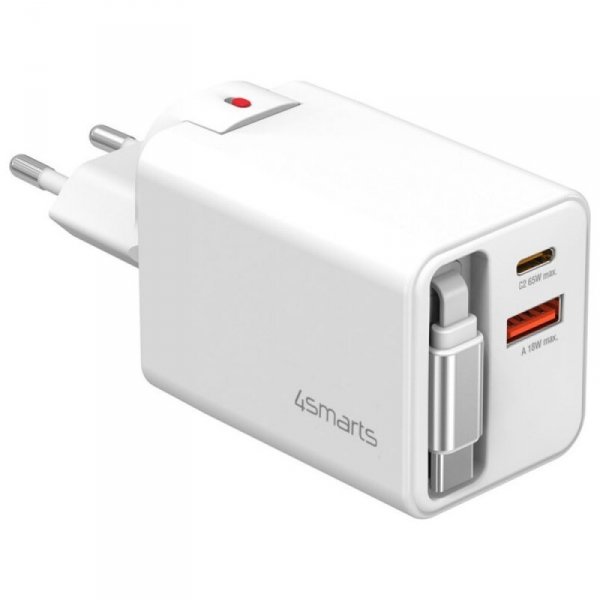 4smarts Ładowarka sieciowa Flex Jojo 65W GaN 2xUSB-C + USB-A Biała       rozwijany wbudowany kabel