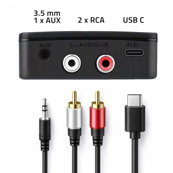 Qoltec Bezprzewodowy transmiter odbiornik Audio HiFi Home&Car | Bluetooth 6.0 | NFC | 2 x RCA | 1 x AUX MiniJack 3.5mm | Mikrofo