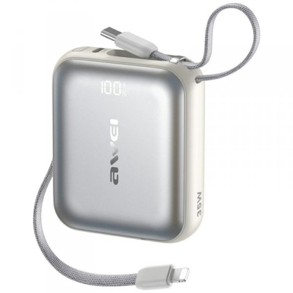 AWEI Powerbank AS-181 35W 10000mAh + kable Lightning i USB-C srebrny
