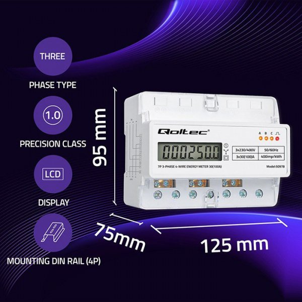 Qoltec Trójfazowy elektroniczny licznik | miernik zużycia energii na szynę DIN | 400V | 100A | LCD | LED | 7P