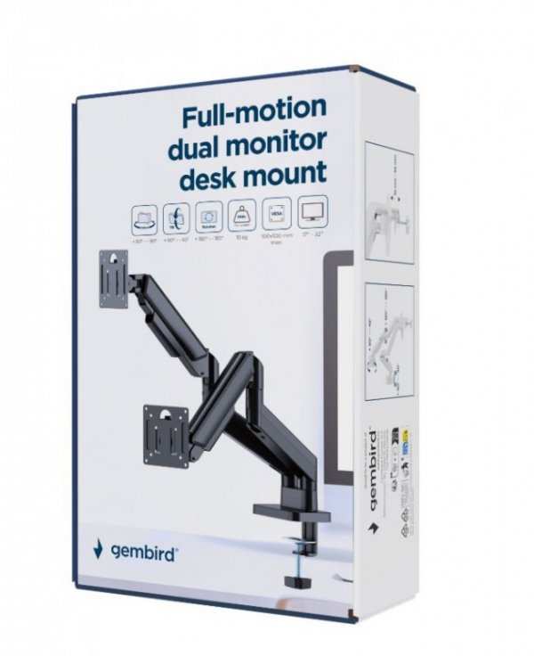 Gembird Ramię biurkowe na dwa monitory regulowane, od 17 do 32 cala obciążenie do 10kg, kolor czarny