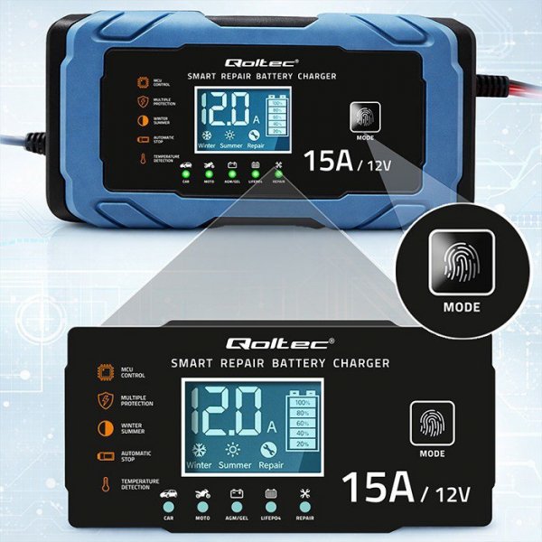 Qoltec Ładowarka 12V 15A | Prostownik z funkcją naprawy | AGM GEL       LiFePO4 | 9-stopniowe ładowanie