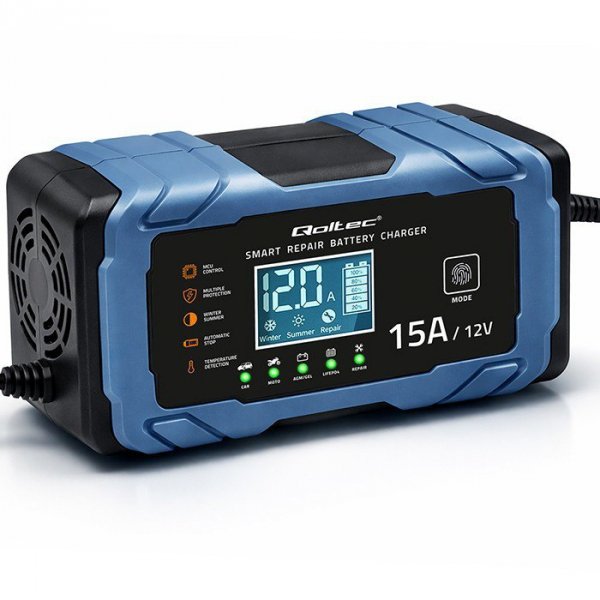 Qoltec Ładowarka 12V 15A | Prostownik z funkcją naprawy | AGM GEL       LiFePO4 | 9-stopniowe ładowanie