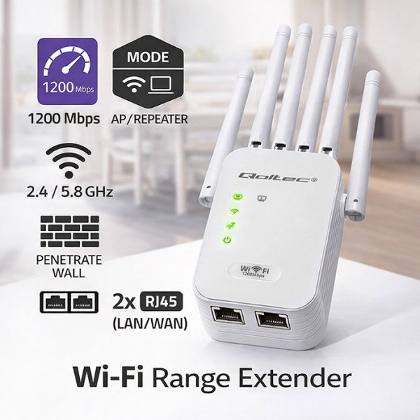 Qoltec Wzmacniacz syganłu WiFi 5 | Repeater | Access Point | AC1200 Mb/s| 6 anten | 2xRJ45 | 128MB