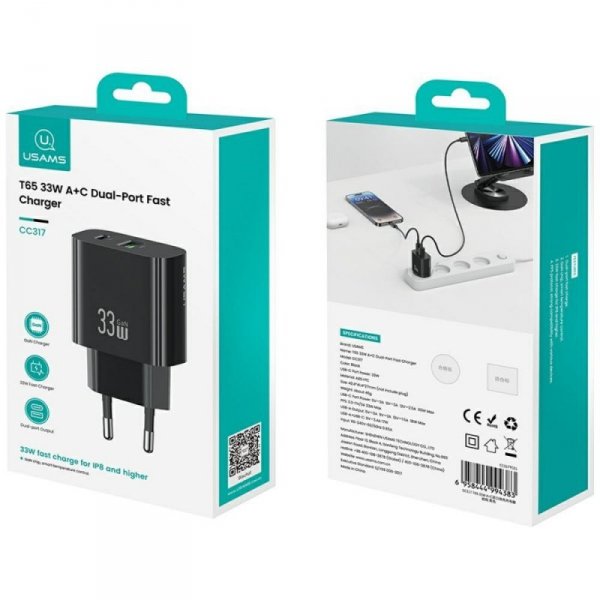 USAMS Ładowarka sieciowa T65 33W Fast Charging 1xUSB-C 1xUSB-A czarna