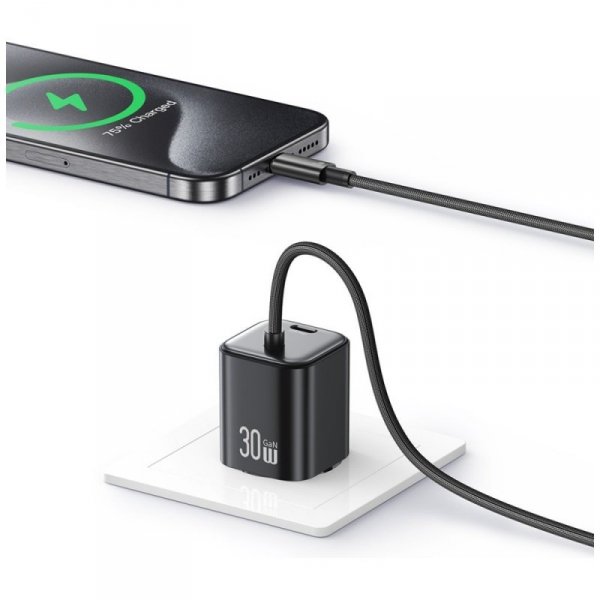 USAMS Ładowarka sieciowa JC Series CC264 30W GaN Fast Charger wbudowanykabel USB-C czarna