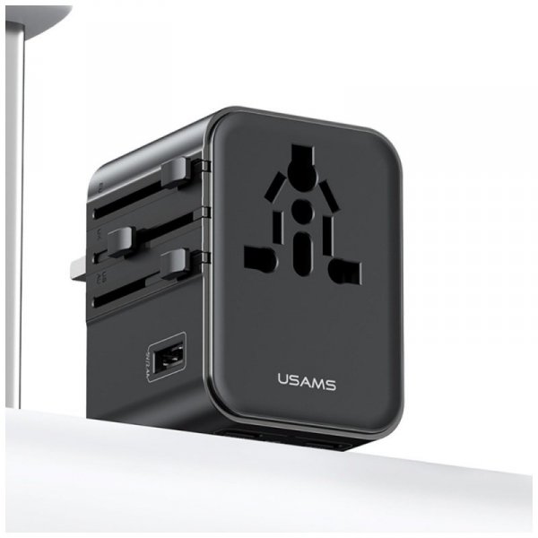 USAMS Ładowarka travel adapter 17W CC308 USB-C + USB-A 4w1 US/AU/EU/UK czarna