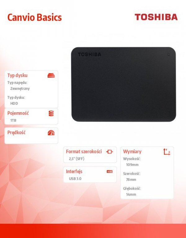 Toshiba Przenośny dysk twardy CANVIO BASICS 2.5 1TB USB 3.0 czarny NEW