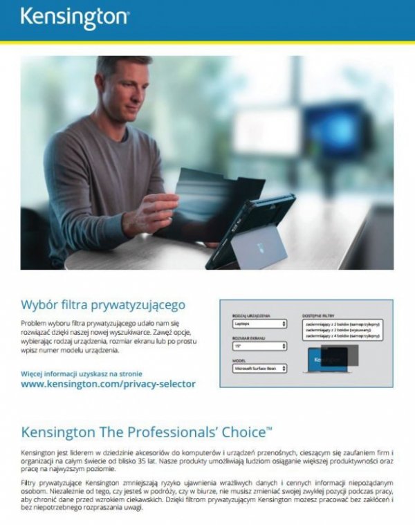 Kensington Filtr prywatyzujący 2-stronny, zdejmowany, do monitora 15.6 cala 16:9