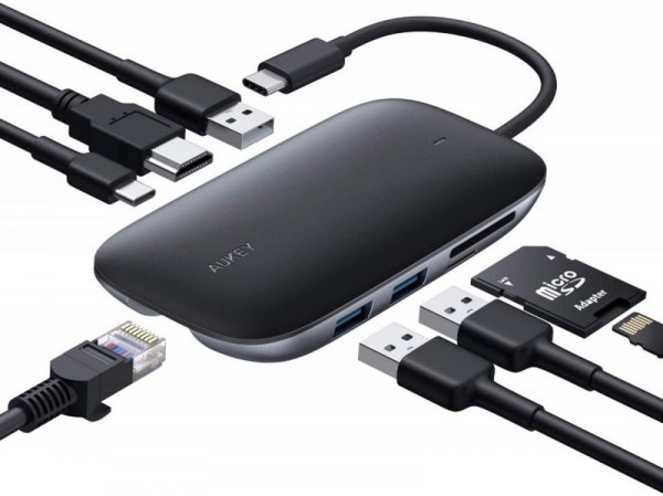 AUKEY CB-C71 aluminiowy HUB USB-C | 8w1 | RJ45 Ethernet 10/100/1000Mbps | 3xUSB 3.1 | HDMI 4k@30Hz | SD i microSD | USB-C Power 