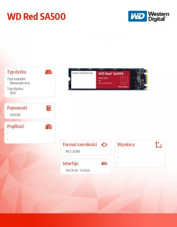 Western Digital Dysk SSD  Red 500GB M.2 2280 WDS500G1R0B