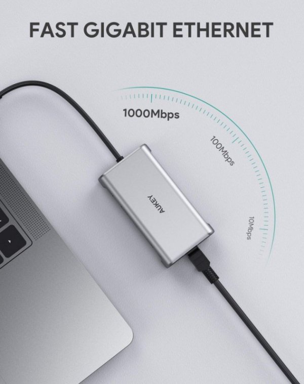 AUKEY CB-C91 aluminiowy HUB USB-C | 8w1 | RJ45 Ethernet 10/100/1000Mbps | 3xUSB 3.1 | HDMI 4k@30Hz | SD i micro SD | USB-C Power