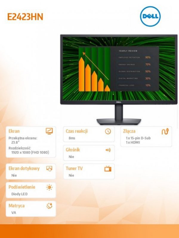Dell Monitor E2423HN 23,8 cali VA LED  Full HD (1920x1080)/16:9/HDMI/VGA/3Y AES