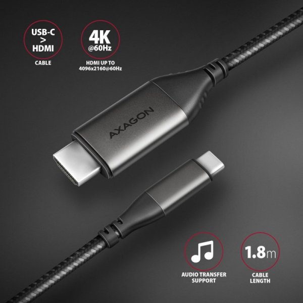 AXAGON RVC-HI2MC Adapter aktywny USB-C -&gt; HDMI 2.0 4K/60Hz Aluminum, 1.8m kabel
