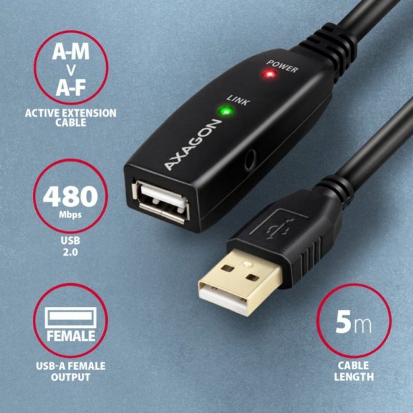 AXAGON ADR-205 USB 2.0 A-M -&gt; A-F aktywny kabel przedłużacz/wzmacniacz 5m