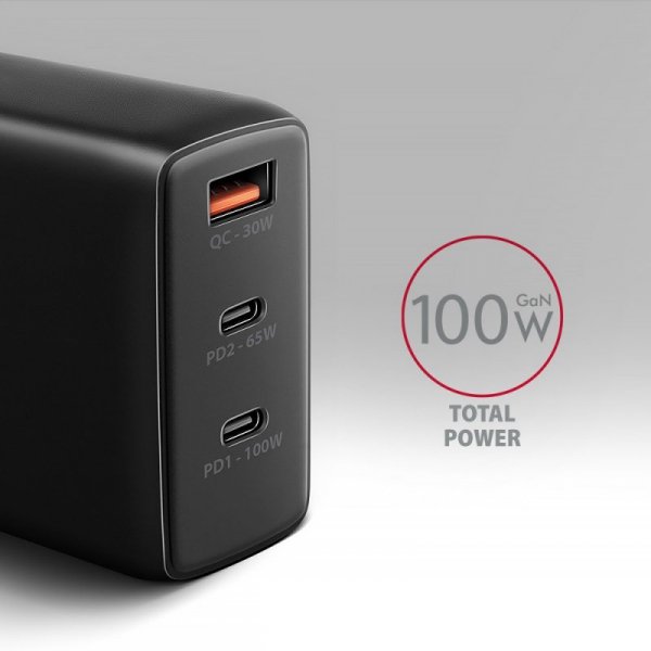 AXAGON ACU-DPQ100 Ładowarka sieciowa GaN 100W, 3x port (USB-A + dual USB-C) PD3.0/QC4+/PPS/Apple Czarna