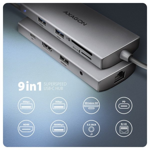 AXAGON HMC-8HLSA Wieloportowy hub USB 9in1, 5Gbps, 3x USB-A + HDMI 4K/30Hz, SD/microSD, GLAN, Audio, PD 100W, 20cm USB-C kabel