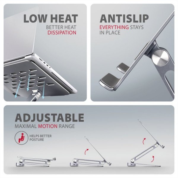 AXAGON HMC-STND Stojak z wieloportowy hub Aluminiowy 7in1, 5Gbps, do 10"-16" cali laptopów, nastawny, 3x USB-A, HDMI 4