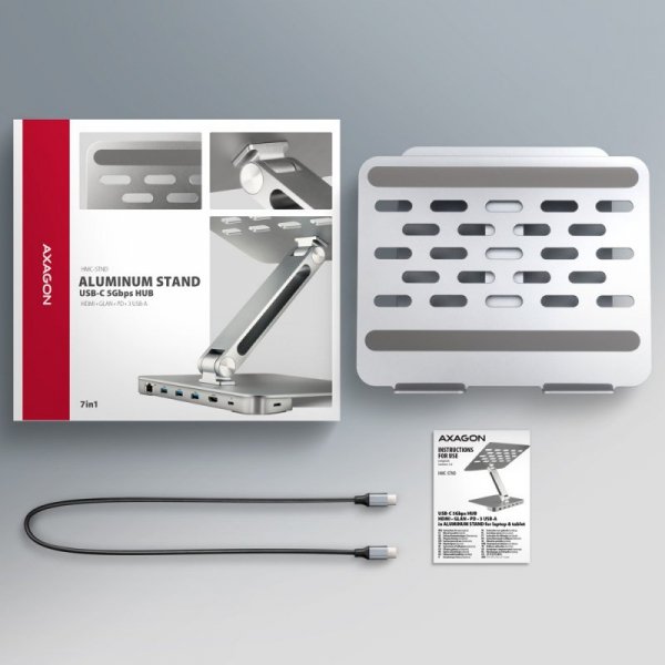 AXAGON HMC-STND Stojak z wieloportowy hub Aluminiowy 7in1, 5Gbps, do 10"-16" cali laptopów, nastawny, 3x USB-A, HDMI 4