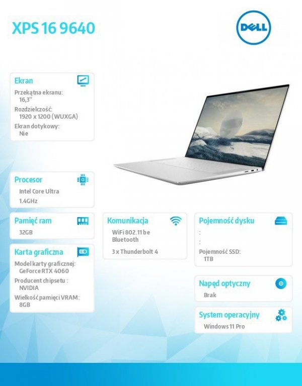 Dell Notebook XPS 16 9640/Ultra 7 155H/32GB/1TB SSD/16.3 FHD+/GeForce RTX 4060/WLAN + BT/Backlit Kb/6 Cell/W11Pro