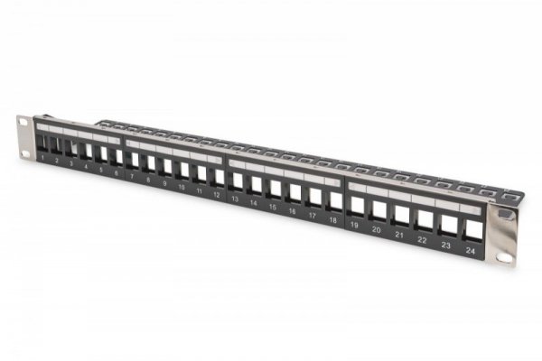 Digitus Panel krosowy (patch panel) modularny 19" 24 porty pod moduły keystone, 1U, ekranowany, prowadnica kabli, wymienne 