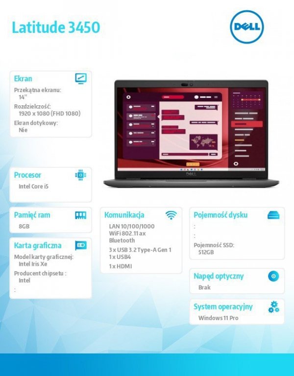 Dell Laptop Latitude 3450 Win11Pro i5-1335U/8GB/512GB SSD Gen4/14.0 FHD/Integrated/FgrPr/FHD/IR Cam/Mic/WLAN + BT/Backlit Kb/3 C